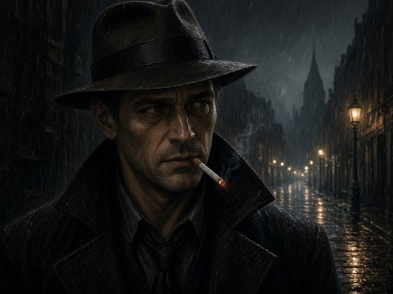 A private detective on a rainy street