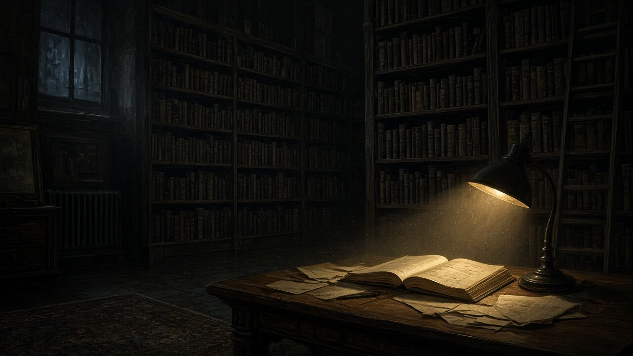 A dim university library at night