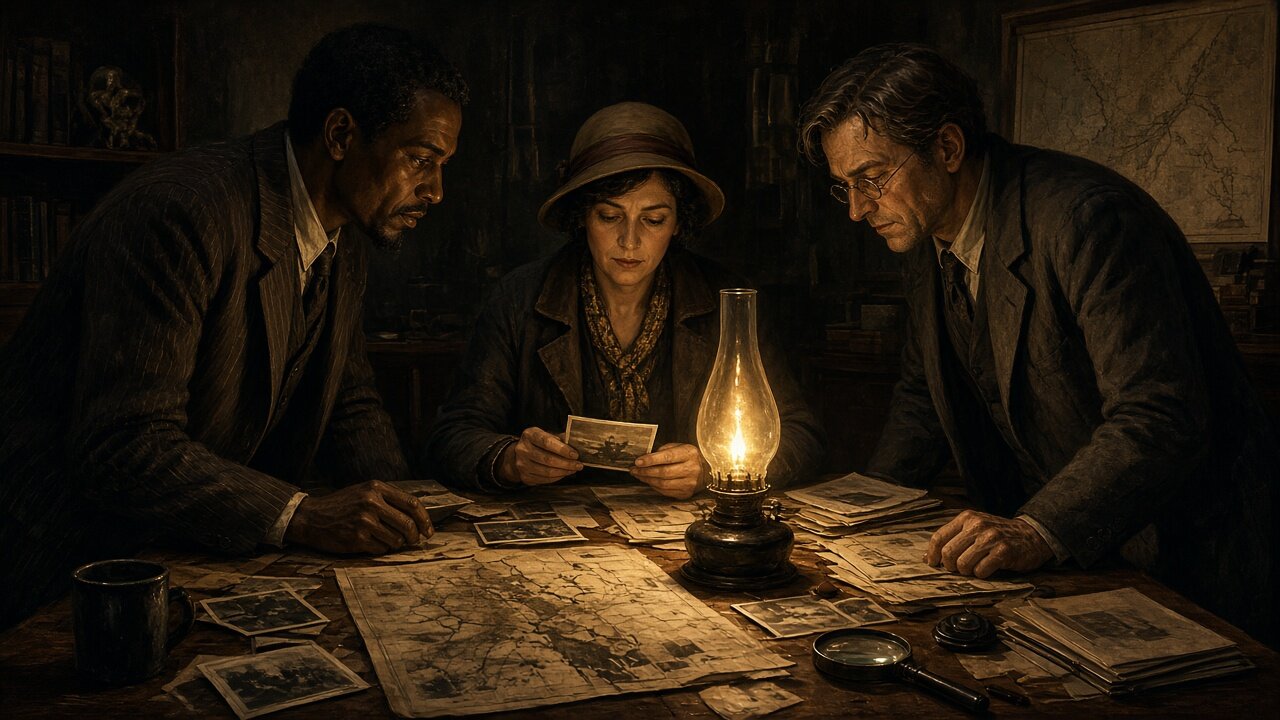 Investigators comparing notes by lamplight